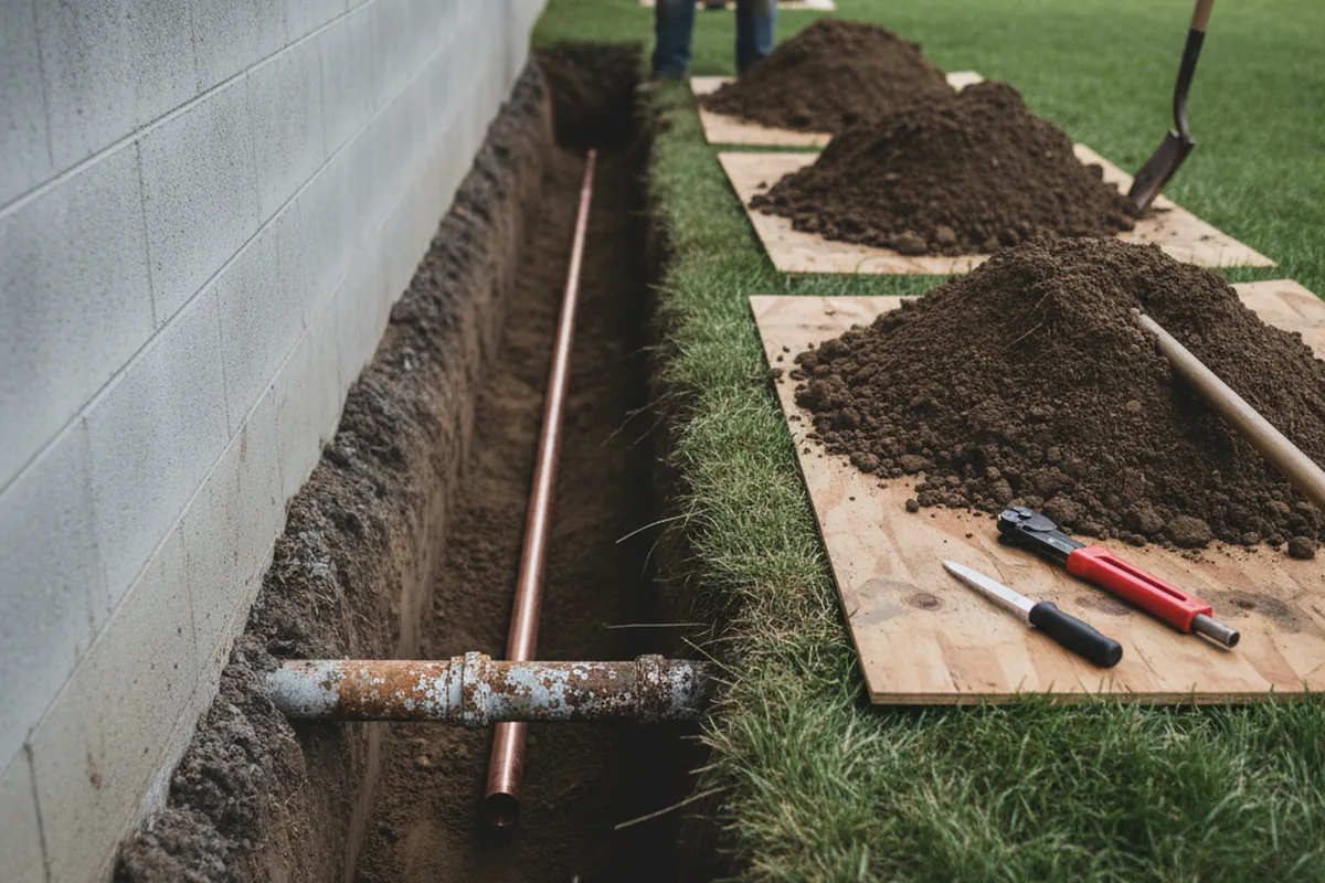 Excavated water line trench during Sewer Line Repair in Hiwassee